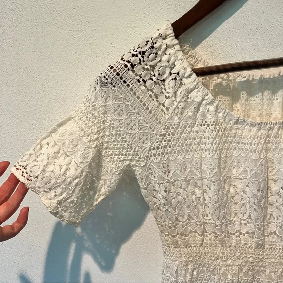 White Knit Knee Length Dress with Slip No Tags Open Eyelet Short Sleeve - Picture 3 of 5